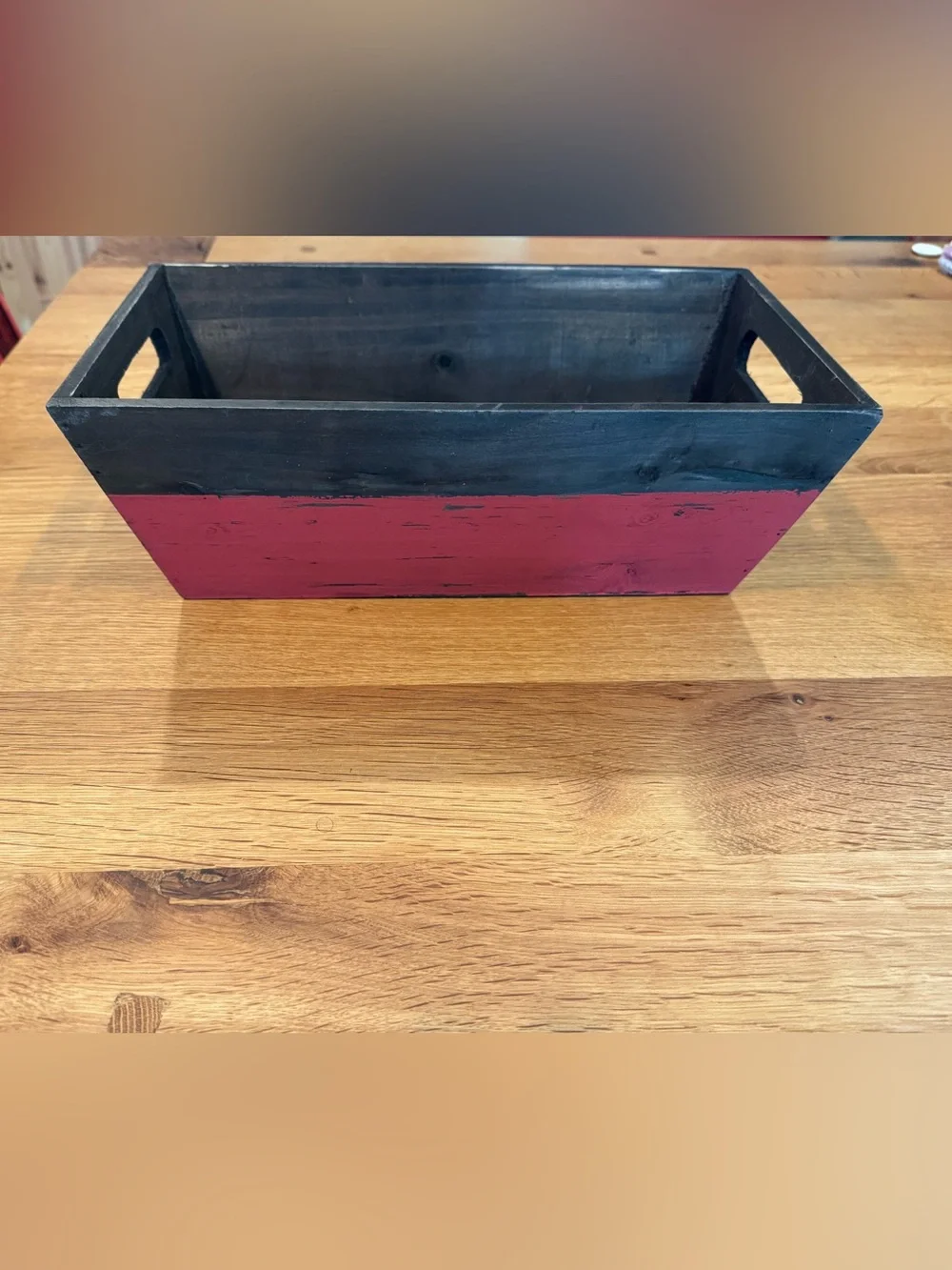 Rustic Farmhouse Wood Crate Box Distressed Red Black Cutout Handles Storage Deco